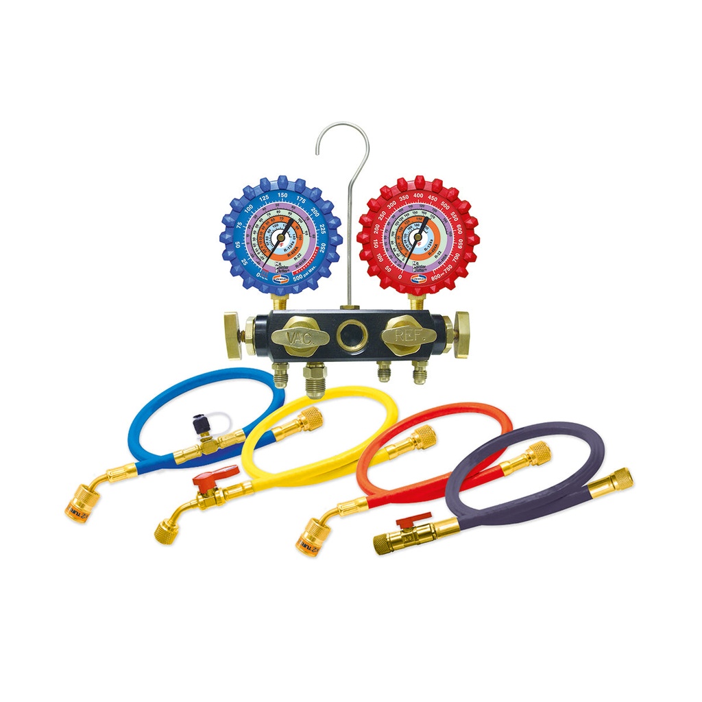 Juego Manometro 3-1/8" Manguera 60" 4 Vias  R410/R22/R404/R134 Q4An85Smez-5 Uniweld